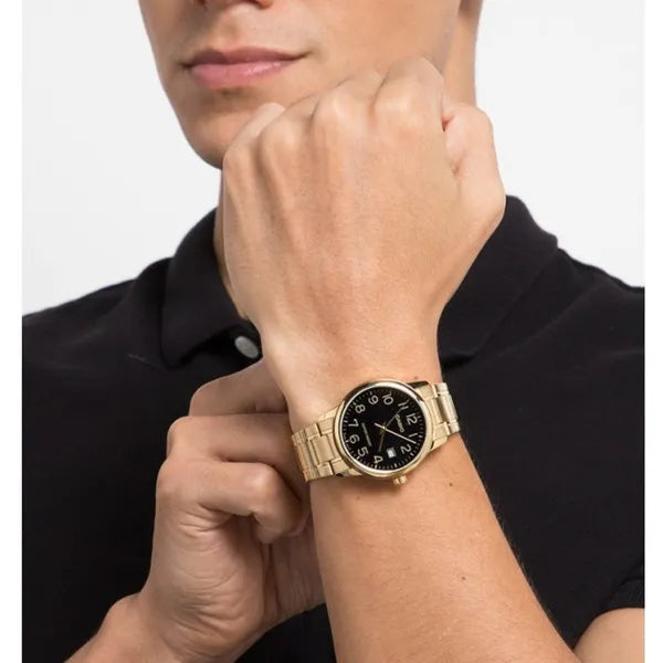 Casio MTP-V002G-1B férfi karóra, arany acél, fekete számlap, WR30