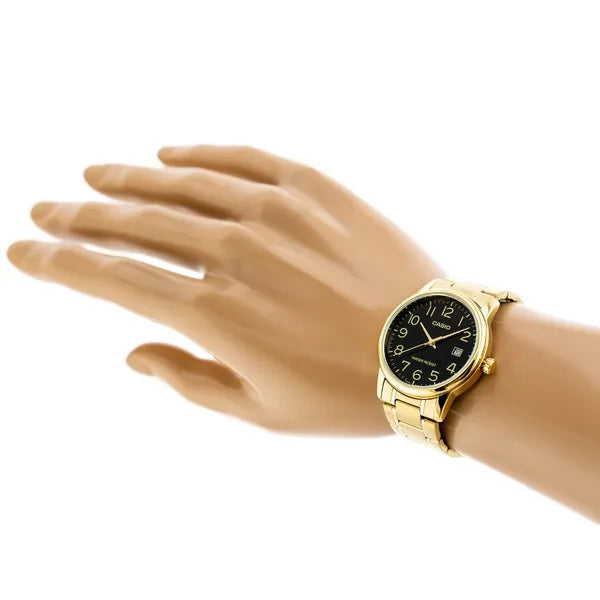 Casio MTP-V002G-1B férfi karóra, arany acél, fekete számlap, WR30