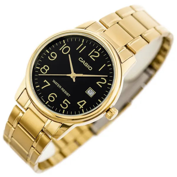 Casio MTP-V002G-1B férfi karóra, arany acél, fekete számlap, WR30