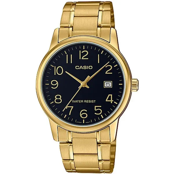 Casio MTP-V002G-1B férfi karóra, arany acél, fekete számlap, WR30