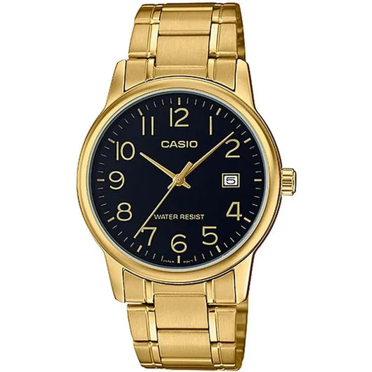 Casio MTP-V002G-1B férfi karóra, arany acél, fekete számlap, WR30