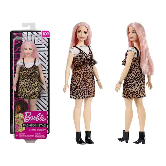 Barbie Fashionistas baba, rózsaszín hosszú haj, leopárd ruha, 28,5 cm