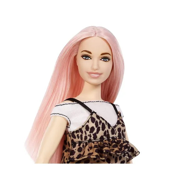 Barbie Fashionistas baba, rózsaszín hosszú haj, leopárd ruha, 28,5 cm