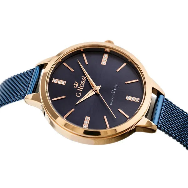 G. Rossi női karóra, rozéarany tok, kék számlap, fém csat, 33 mm