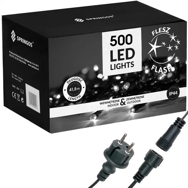LED karácsonyfa fényfüzér 500 db, 40 m, hideg fehér+kék villogás, IP44