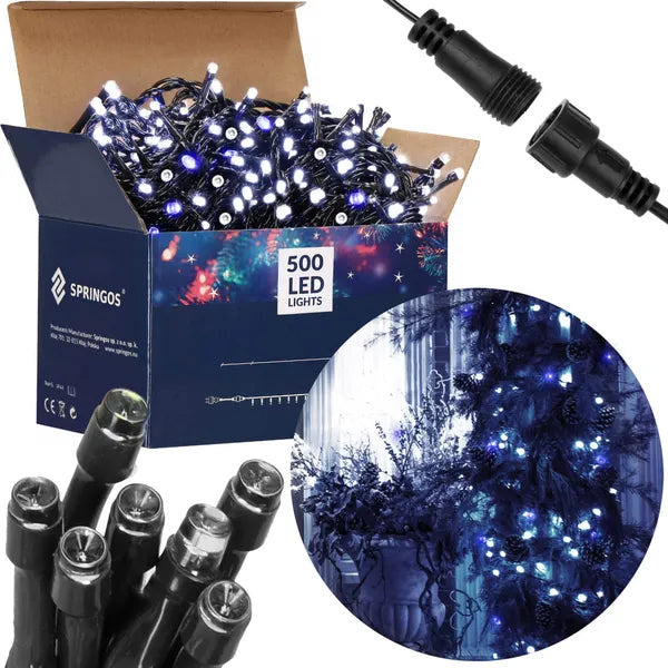 LED karácsonyfa fényfüzér 500 db, 40 m, hideg fehér+kék villogás, IP44
