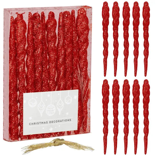 Karácsonyfadísz cseppformájú függődísz, 12,5 cm, 10 db, piros glitter