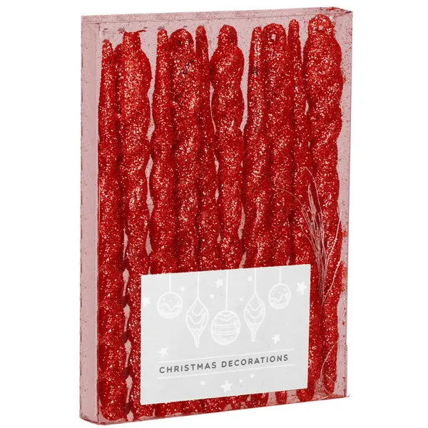 Karácsonyfadísz cseppformájú függődísz, 12,5 cm, 10 db, piros glitter