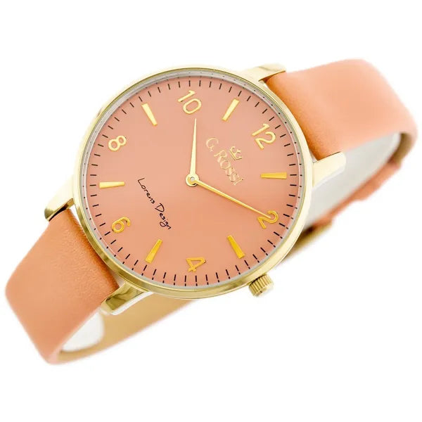 G. Rossi női kvarc karóra, arany tok 36 mm, barackszín bőrszíj