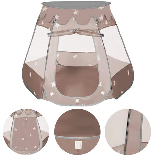Hatszögletű pop-up gyereksátor, szürke-fehér csillagos, levehető tető, 118 cm