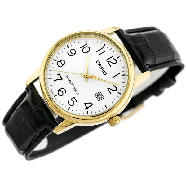 Casio férfi karóra, kvarc, fekete bőr szíj, arany tok, 44 mm