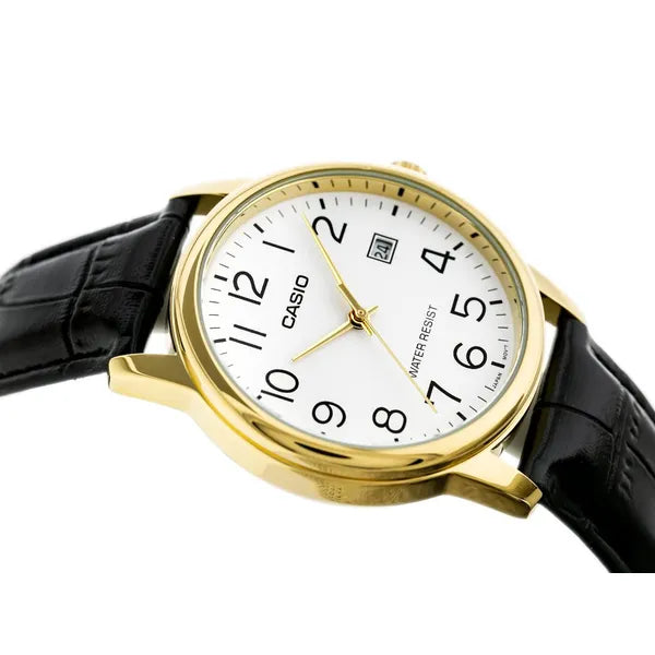 Casio férfi karóra, kvarc, fekete bőr szíj, arany tok, 44 mm