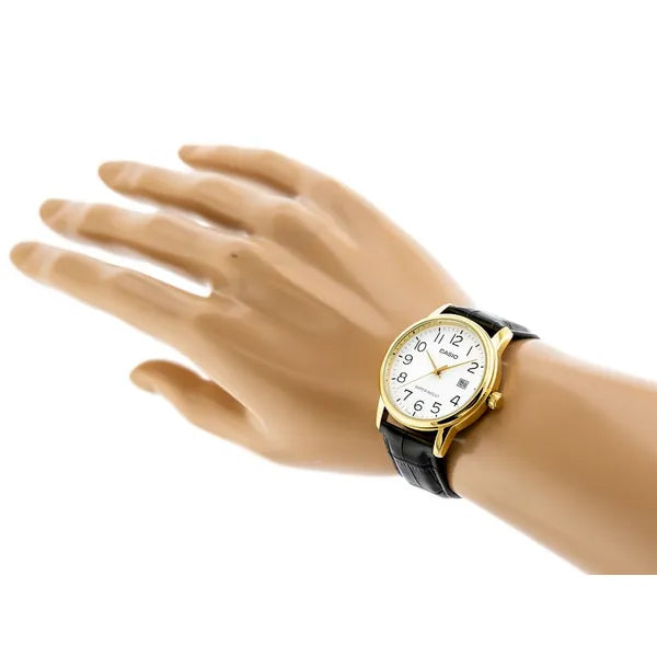 Casio férfi karóra, kvarc, fekete bőr szíj, arany tok, 44 mm