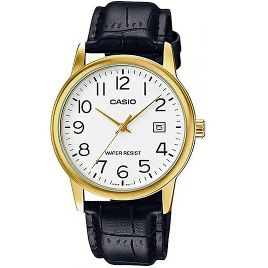 Casio férfi karóra, kvarc, fekete bőr szíj, arany tok, 44 mm