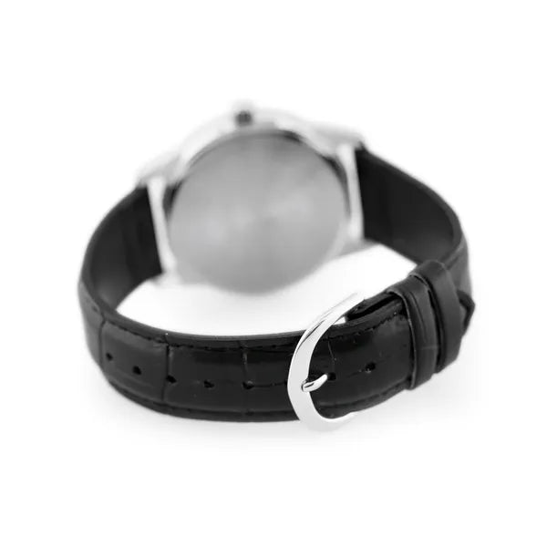 Casio MTP-V001L-7B férfi kvarc karóra bőr szíjjal, ezüst számlap, 38 mm, WR30