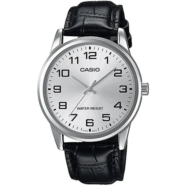Casio MTP-V001L-7B férfi kvarc karóra bőr szíjjal, ezüst számlap, 38 mm, WR30