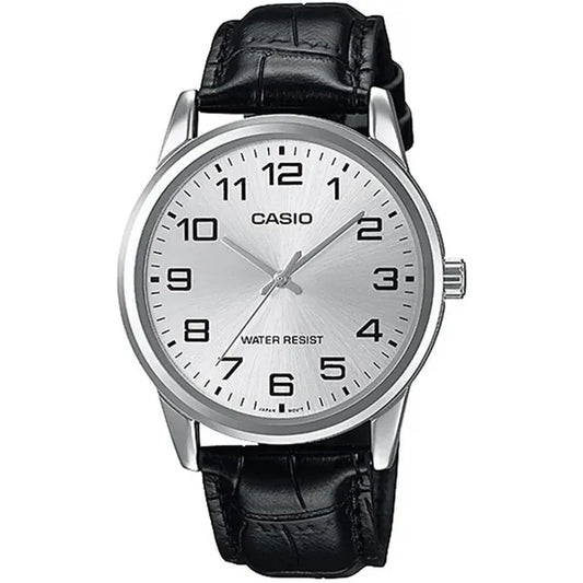 Casio MTP-V001L-7B férfi kvarc karóra bőr szíjjal, ezüst számlap, 38 mm, WR30