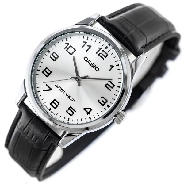 Casio MTP-V001L-7B férfi kvarc karóra bőr szíjjal, ezüst számlap, 38 mm, WR30
