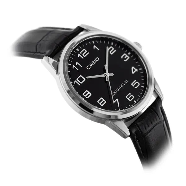 Casio MTP-V001L-1B férfi karóra fekete bőrszíjjal, 38 mm