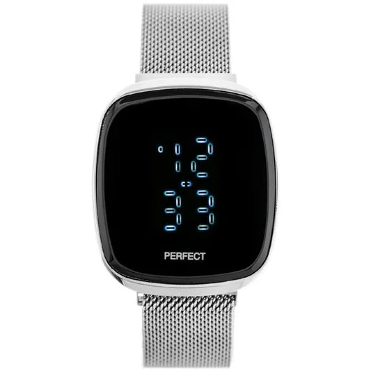 Női LED digitális karóra ezüst fém szíjjal, mágneses zár, 36x40 mm