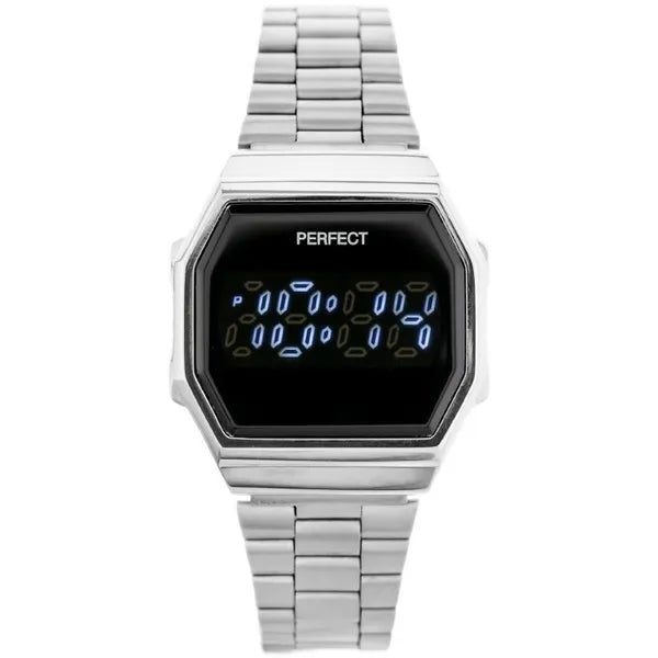 Női LED digitális karóra ezüst fém szíjjal, fekete kijelzővel, WR30
