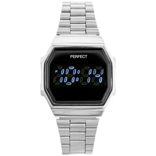 Női LED digitális karóra ezüst fém szíjjal, fekete kijelzővel, WR30