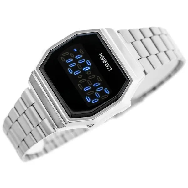 Női LED digitális karóra ezüst fém szíjjal, fekete kijelzővel, WR30