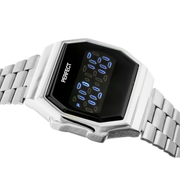 Női LED digitális karóra ezüst fém szíjjal, fekete kijelzővel, WR30