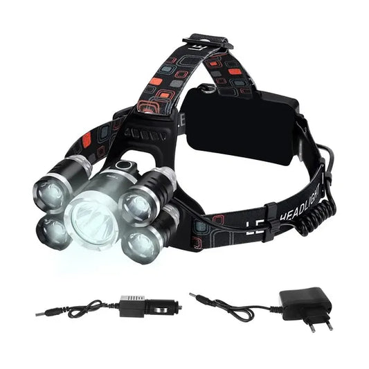 Fejlámpa 5× LED Cree T6, 6800 mAh akkuk, 4 üzemmód, alumínium