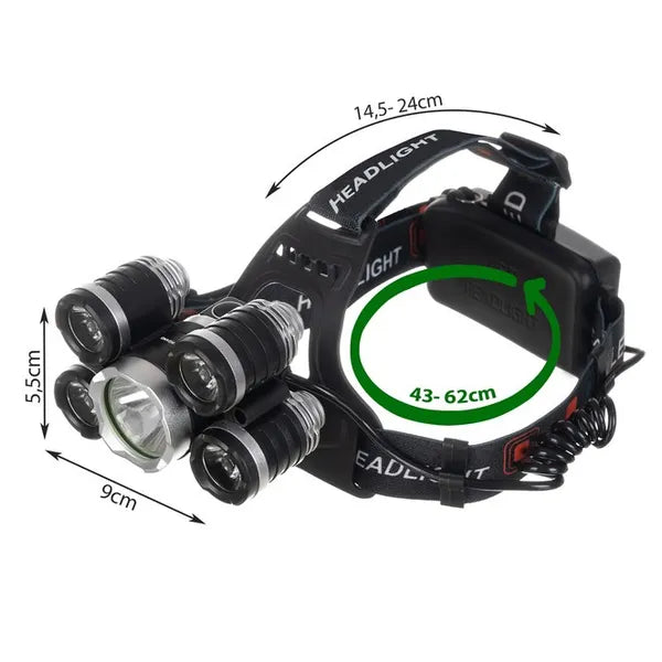 Fejlámpa 5× LED Cree T6, 6800 mAh akkuk, 4 üzemmód, alumínium