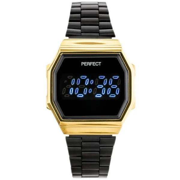 Női LED digitális karóra, fekete fém szíj, arany tok, WR30