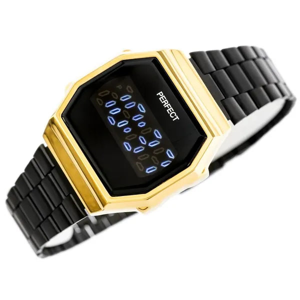 Női LED digitális karóra, fekete fém szíj, arany tok, WR30