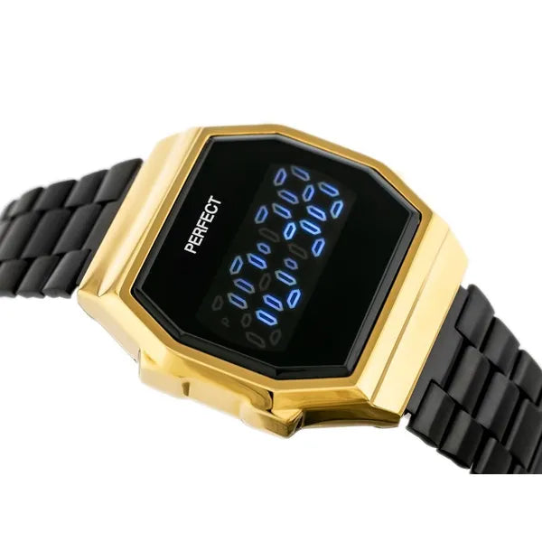 Női LED digitális karóra, fekete fém szíj, arany tok, WR30