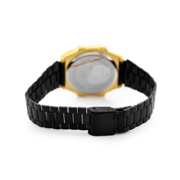 Női LED digitális karóra, fekete fém szíj, arany tok, WR30