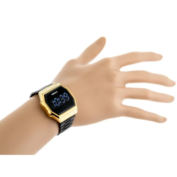 Női LED digitális karóra, fekete fém szíj, arany tok, WR30