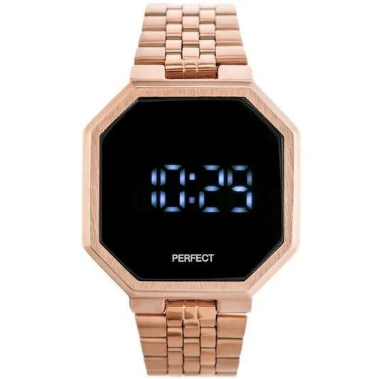 Férfi LED karóra rozéarany fém szíjjal, fekete kijelző, WR30