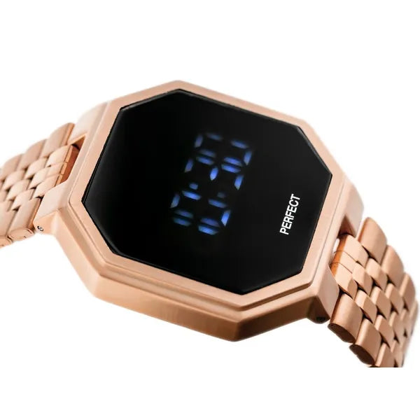 Férfi LED karóra rozéarany fém szíjjal, fekete kijelző, WR30