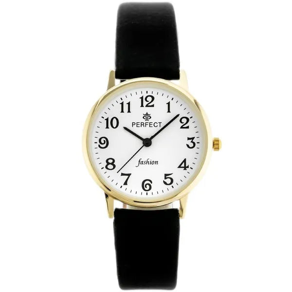 Női quartz karóra arany tok 32 mm, fehér számlap, fekete bőrszíj WR30