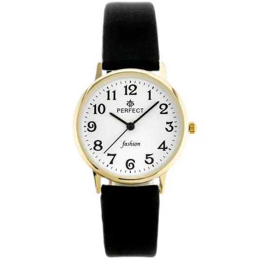 Női quartz karóra arany tok 32 mm, fehér számlap, fekete bőrszíj WR30
