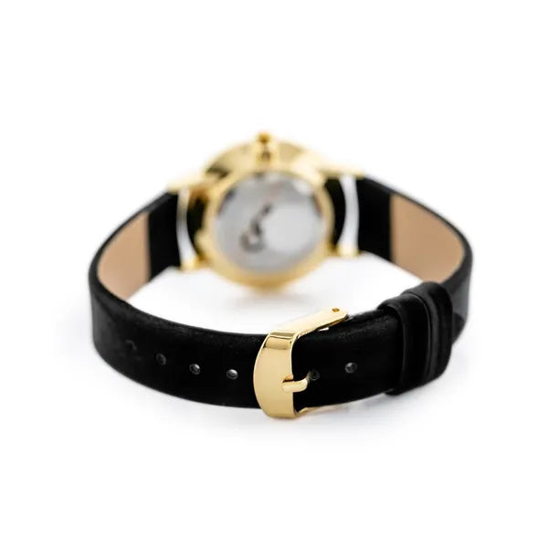 Női quartz karóra arany tok 32 mm, fehér számlap, fekete bőrszíj WR30