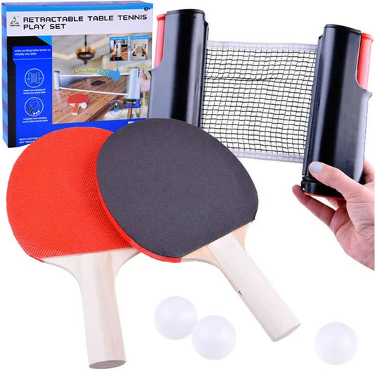 Hordozható pingpong készlet állítható hálóval, 2 ütővel és 3 labdával