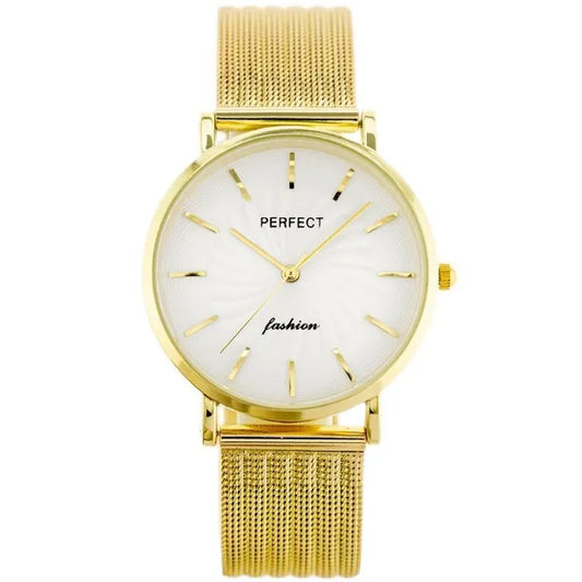 Női kvarc karóra arany hálós szíjjal, ezüst számlappal, 36 mm