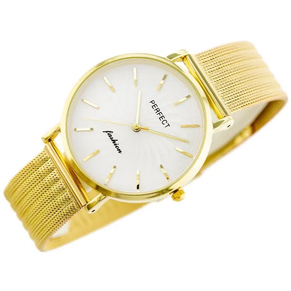 Női kvarc karóra arany hálós szíjjal, ezüst számlappal, 36 mm