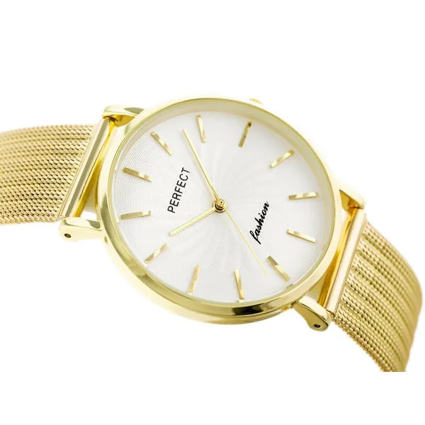 Női kvarc karóra arany hálós szíjjal, ezüst számlappal, 36 mm