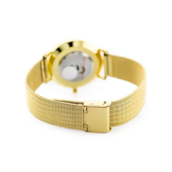 Női kvarc karóra arany hálós szíjjal, ezüst számlappal, 36 mm