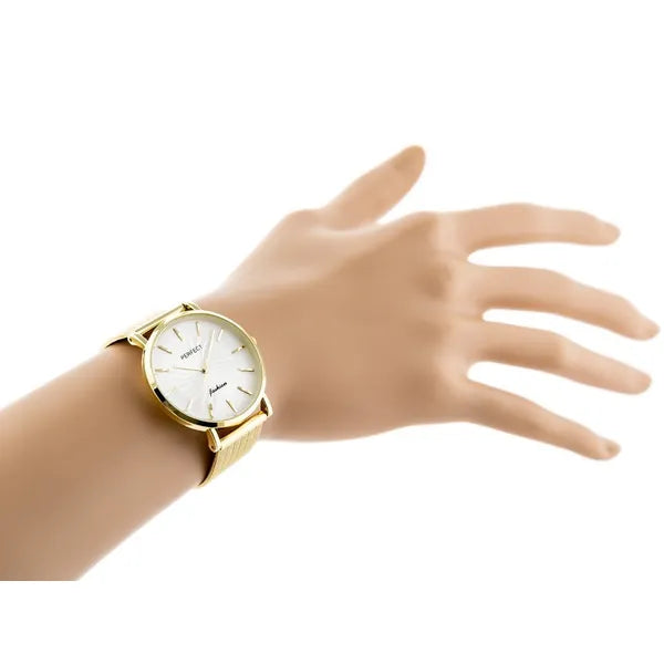 Női kvarc karóra arany hálós szíjjal, ezüst számlappal, 36 mm