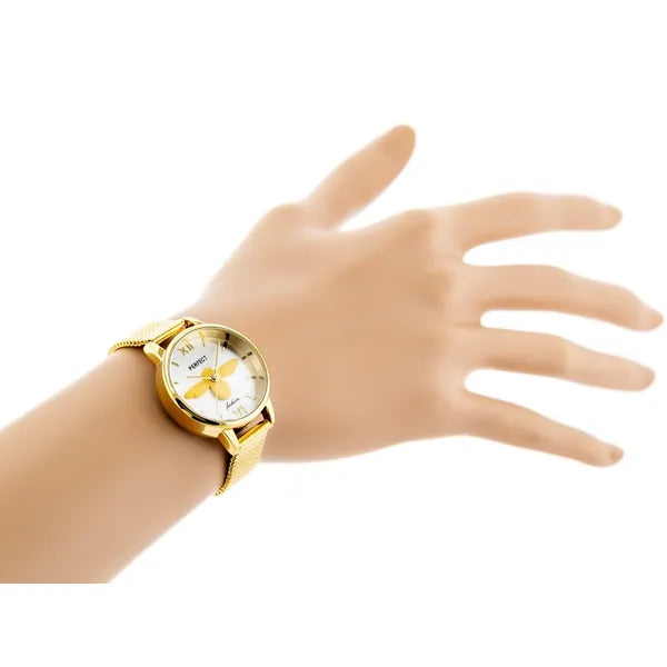 Női arany fém karóra 32 mm, ezüst számlap arany szitakötővel