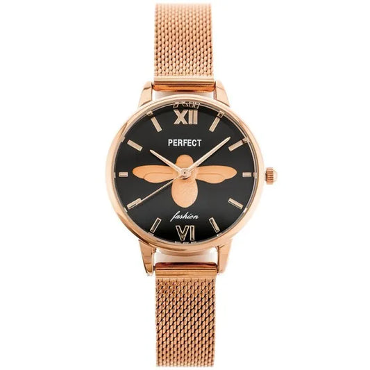 Női karóra rosegold fém szíjjal, fekete számlap, Perfect S639 + díszdoboz