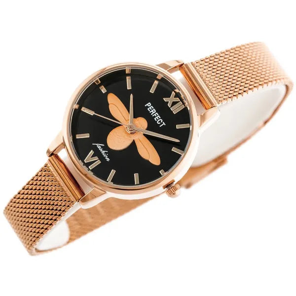Női karóra rosegold fém szíjjal, fekete számlap, Perfect S639 + díszdoboz