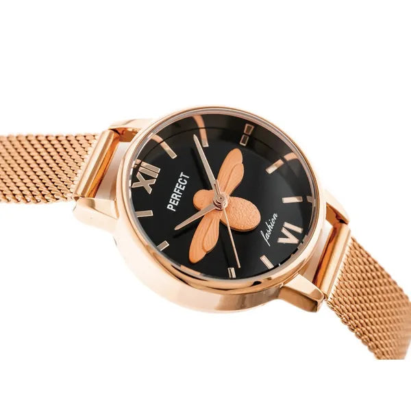 Női karóra rosegold fém szíjjal, fekete számlap, Perfect S639 + díszdoboz